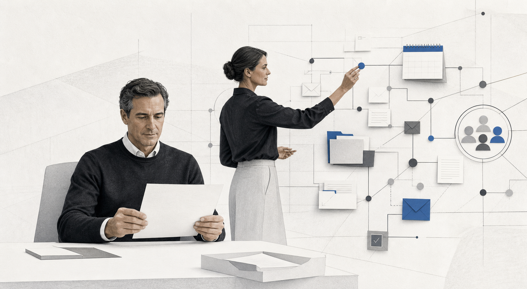 An executive reviews one concise brief while an operator coordinates the work behind it