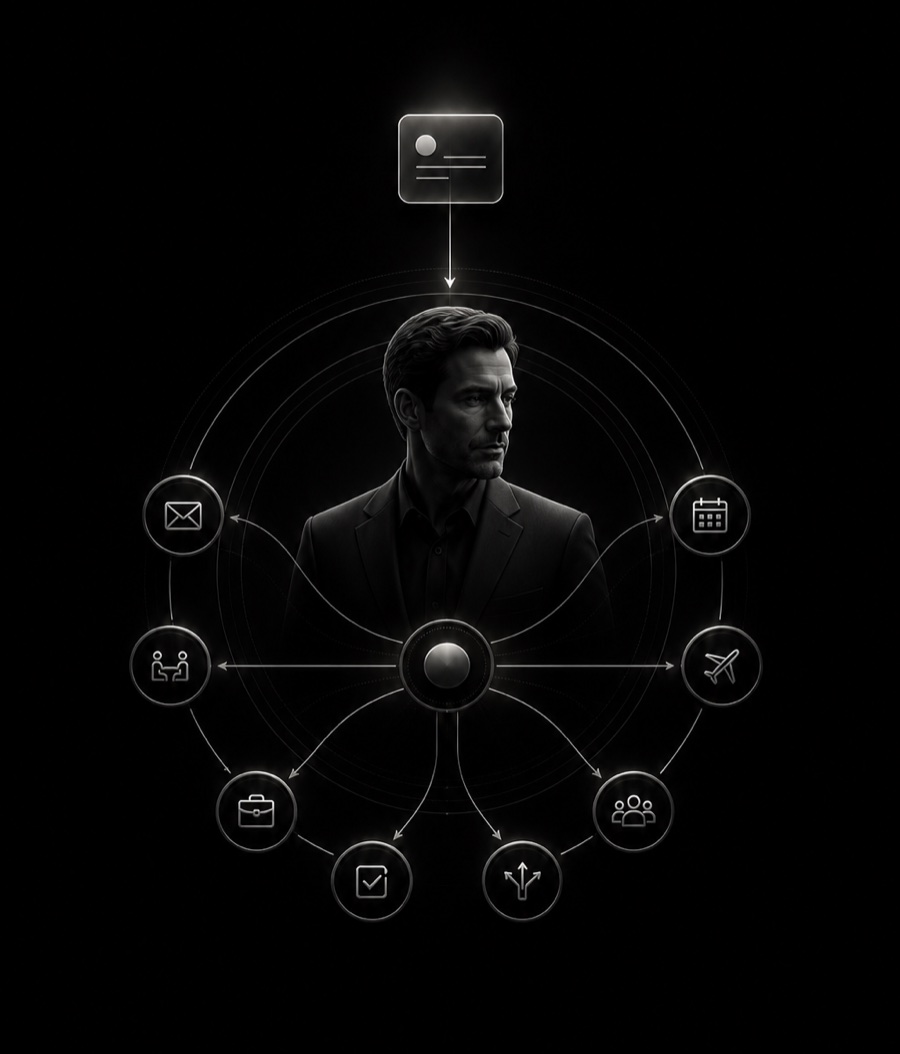A male right-hand operator using one connected system to coordinate communication, travel, projects, decisions, and team activity.