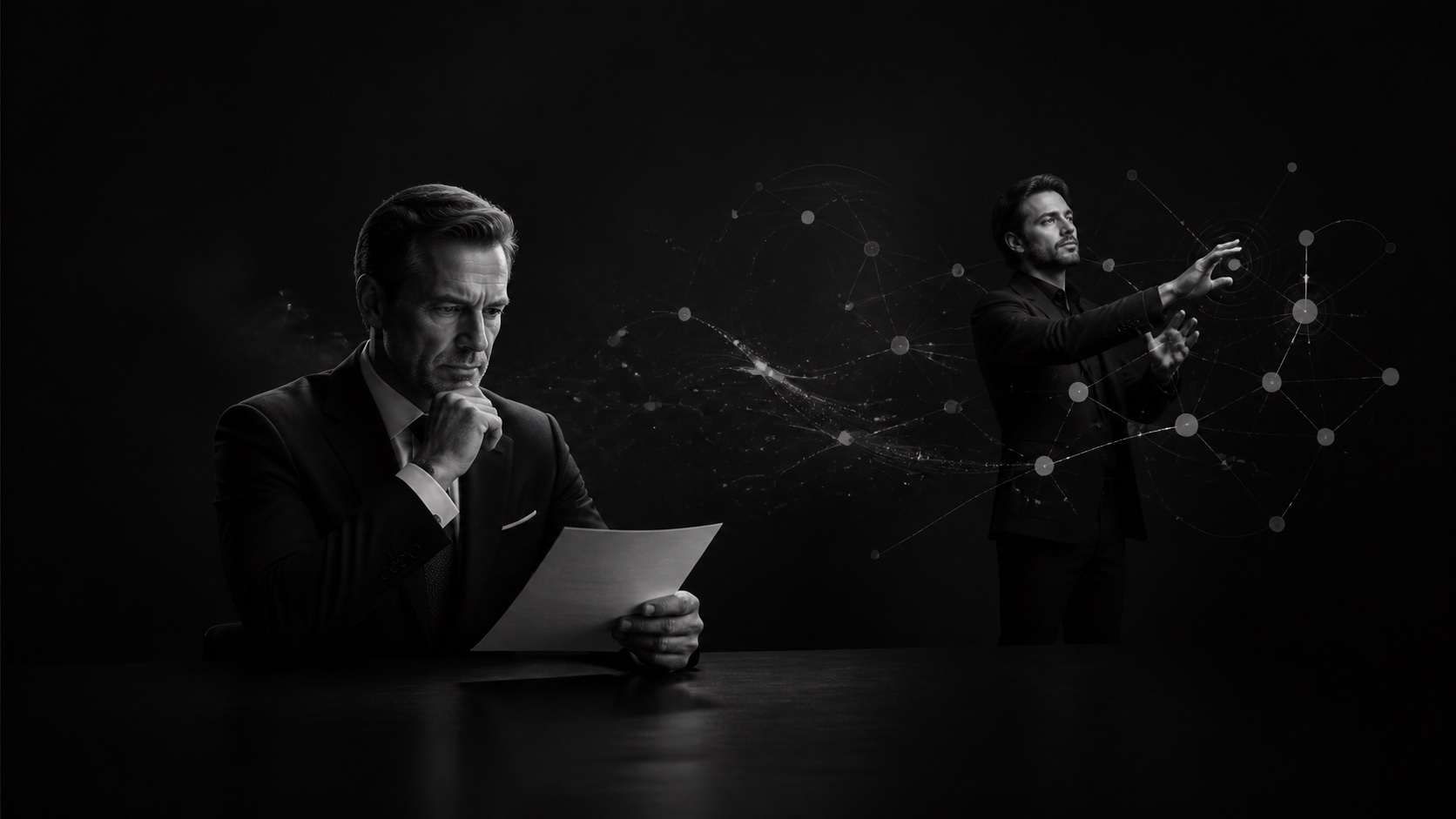 An executive reviewing a brief while a trusted operator coordinates the work behind it.